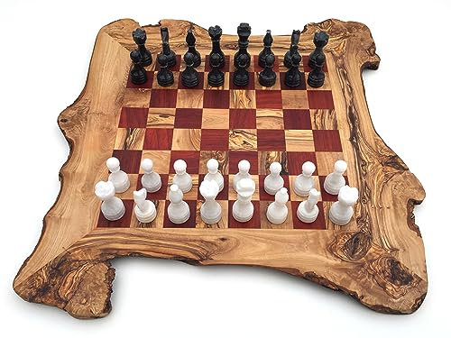 Schachbrett rustikal Größe wählbar L/XL inklusive 32 Schachfiguren aus Marmor Schachspiel handgefemacht Olivenholz Holz (XL)