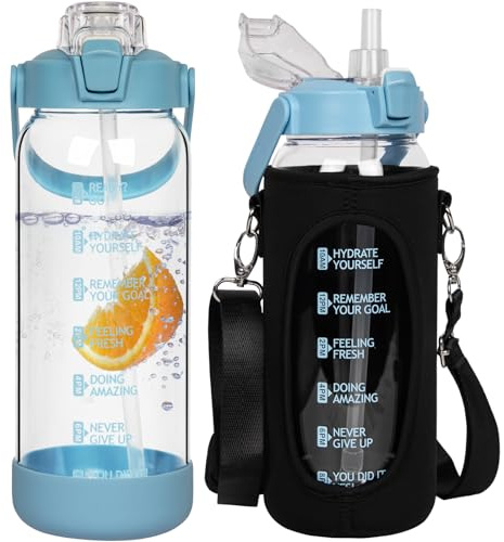 Seekua 2l Glasflasche | Trinkflasche Glas mit Strohhalm & Zeitmarkierung, Auslaufsicher 2 liter Große Wasserflasche Glas für Smoothie, Kohlensäure Geeignet, Spülmaschinenfest