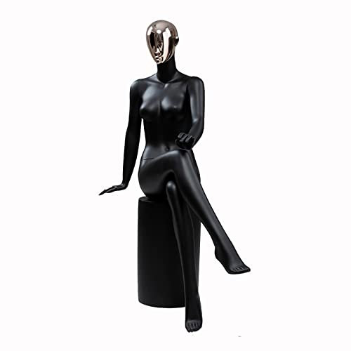 SUNMME Weibliche Schaufensterpuppe mit Hocker, Schwarze Fiberglas-Einzelhandelsschaufensterpuppen, Ganzkörper, Abnehmbarer Schaufensterpuppen-Präsentationsständer, sitzende Position