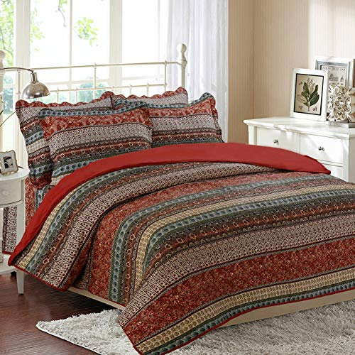 Tagesdecken-Set Für Doppelbett, Bohemian-Stil, Gesteppte Kissenbezüge, Rot Gestreift, Boho-Patchwork, Sofa-Überwurf, Decke, Baumwolle, Bettüberwurf, Mikrofaser, Heimdekoration, 3-Teilig, 231,3 X 258