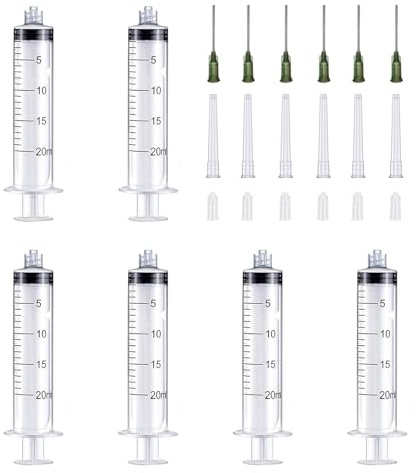6 stycken återanvändbara matsprutor, set, laboratorieindustri vätskemätning spruta, 20 ml spruta med 14 g 1 tum trubbig nål, steril plast med huva spruta för foder mätning