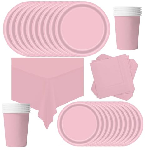 POPOYU Partygeschirr Kindergeburtstag Rosa,69 Stück Geburtstagsparty Geschirr Pappteller Set,Tischdecke Papier Tassen Teller Servietten zum Weihnachten,Geburtstag,Hochzeiten,Jubiläums(16 Gäste)