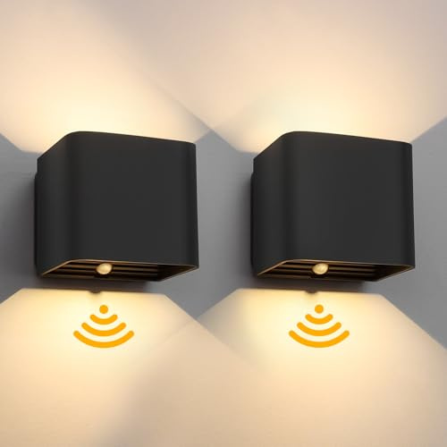Birnetek® 2 Stück LED Wandlampe mit Bewegungssensor, Schwarz Wandleuchte für Innen, 3000K Warmweiß Wandleuchte Ohne Stromanschluss mit Akkus, USB Aufladbare Wandleuchten für Flur (Schwarz)