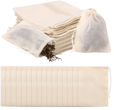 Lot de 50 petits sacs réutilisables en mousseline de coton avec cordon de serrage, 8 x 10 cm, pour filtrer le thé, le café, les épices pour la cuisine, le savon, le trempage, l'alcool médicinal, le