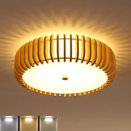DOCJX Holz Runde LED Deckenleuchte 35W LED Lampe Ø50cm 3000K-6500K Holz Deckenlampe Tageslichtlampe Decke Lampe Wohnzimmer Deckenleuchten Schlafzimmer Lampen Küche Flur(Trichromatisches Licht)