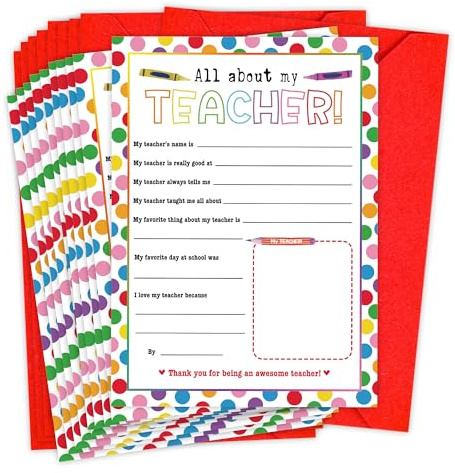 UHADRE Pack of 10 Thank You Cards for Teacher, Fill in the Blank Card with Envelope, Teacher Appreciation Week Gift, Educator Appreciation Coloring Cards, All About My Teacher-JSGXC02