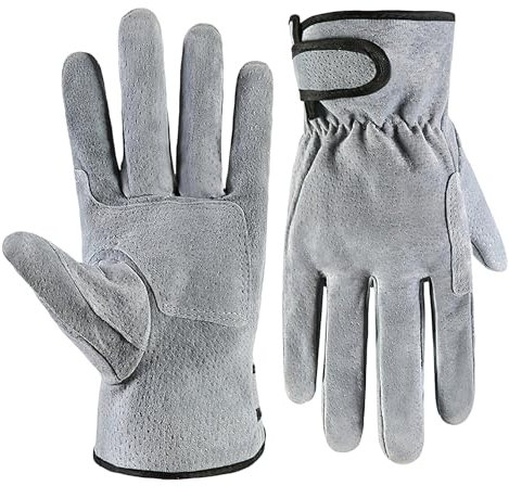 JuanYi Men Leather Gardening Gloves, Large Grey Work Gloves Thorn Proof, Firm Grip for Tig Arc Mig and Gas Welding, Construction, Farming, DIY (Grey,Large)