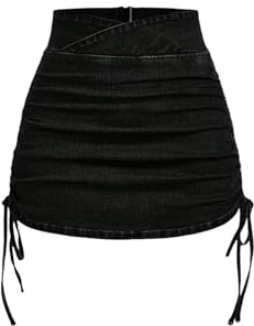 GORGLITTER Women's Ruched Bodycon Mini Denim Skirts Wrap High Waisted Drawstring Jeans Skirt Black Medium