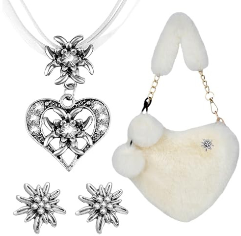 YDUNARISE Trachten Schmuck Set Damen mit Oktoberfest Tasche | Edelweiß Herz Halskette & Ohrringe mit Strass | Plüsch Herztasche | Oktoberfest Accessoires (Weiß)