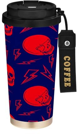 JUMBEAR Taza de viaje aislada al vacío de calavera roja de Halloween, tazas de viaje reutilizables para café, taza de café de acero inoxidable de doble pared a prueba de fugas con tapa para bebidas