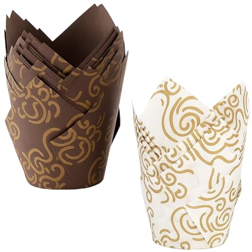 Muffin Cases for Baking, 100 Pack Tulip Muffin Cases, Gold Cupcake Cases for Baking, Large Muffin Liners for Wedding, Party, and Special Occasions, White and Brown (50 Each)