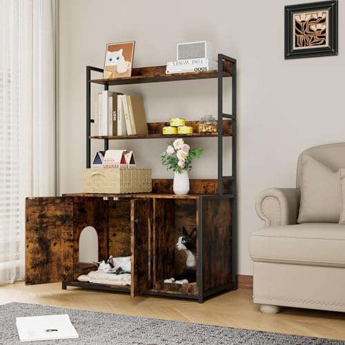 PortoAlegre Katzenschrank Katzenklo Schrank, Katzenhaus Mit Tür Und Offenem Regal Katzenmöbel Beistelltisch Katzenhöhle Für Katzen, 90x45x132Cm