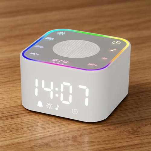 HUO JI Weißes Rauschen Maschine & Digitalwecker 30 Non-Looping Sounds für Tiefschlaf - Sanftes Aufwachen mit einstellbarem RGB Licht, Memory & Timer für Erwachsene, Kinder, Babys (grauweiß)