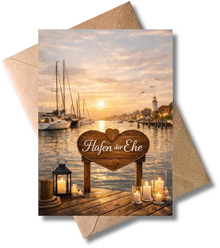WBdesignz Hochzeit Karte Hafen der Ehe - Romantische Glückwunschkarte mit Umschlag - Gratulationskarte zur Hochzeit, Verlobung, Vermählung für Brautpaar - klassisches Design (DIN A6)