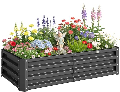 Outsunny Jardinera Exterior Grande Acero Galvanizado 120x60x30,5 cm Gris | Huerto Urbano Elevado, para Cultivar Plantas Flores Hierba, Macetero Exterior Rectangular, con Fondo Abierto