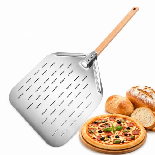 Perforiert Pizzaschieber, 40x30cm Aluminium Pizzaschaufe, Profi Pizzaschaufel mit Abnehmbarer Holzgriff für Selbstgebackenes Pizzabrot, Kann Pizzen bis zu 12 Zoll verarbeiten