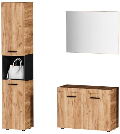 HAUSPROFI 3-teiliges Garderobenset, Flurgarderobe mit Spiegel, Doppeltür-Schuhschrank, Langer Schuhbank, Kleiderschrank und Stauraumschränken, Holzoptik, für Flur und Bad