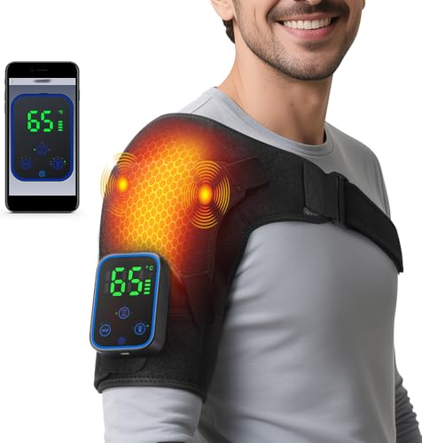 Kabellose Beheizte Schultermassageauflage mit App-Steuerung, 7-Stufiger Wärme(40℃-70℃), 3 Vibrations, 15/30/60 Minuten Timer, Touchscreen-Steuerung, 5000mah-Akku, APP-Fernbedienung (1PCS)