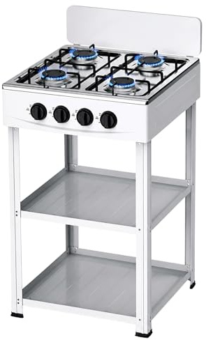 Fornello a Gas 4 Fuochi con Mobile e 2 Ripiani Acciaio, Cucina Compatta in Alluminio con Controllo Fiamma, Piano Cottura 82x49x49 cm per Interno ed Esterno