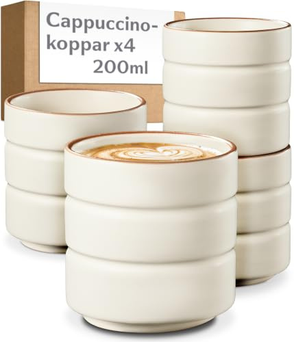 Cosumy Cappuccinokoppar Set om 4 Beige - Keramik Kaffekoppar 200 ml | Stapelbar Kopp utan Handtag - Tjocka Väggar Håller Kaffet Varmt - Keramik Disk- & Mikrosäker