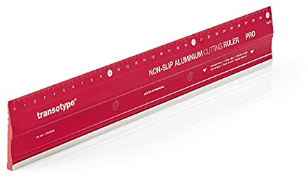 transotype PRO regla de corte, 30 cm de longitud, regla de aluminio rojo brillante, antideslizante, robusta, con filo de acero y perfil de aluminio extra ancho de 50 mm