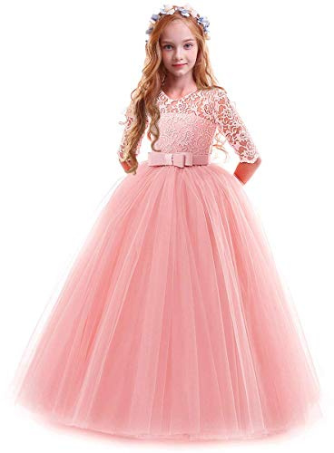 IWEMEK Flower Girls 3/4 Sleeve Floral Lace Tulle First Communion Pageant Dresses Kids Big Girls Princess Birthday Carnival Christmas Bridesmaid Wedding Party Prom Ball Gown Pink 9-10 Years