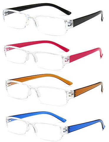 KoKoBin 4 pacco Occhiali da lettura ultraleggeri anti luce blu con montatura trasparente (4 pacco, 2.0)