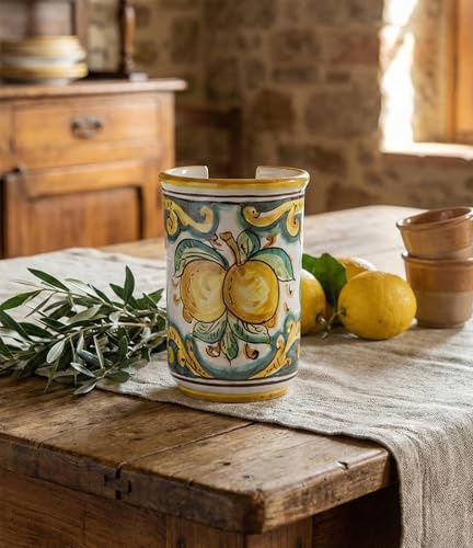 Portabicchieri piccolo in ceramica decorata a mano da ceramisti siciliani di Santo Stefano di Camastra limoni art 18