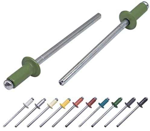 Lot de 100 pièces de rivets aveugles peints 4,0 x 8 mm, tête bombée, DIN 7337, rivet en aluminium et mandrin en acier, rivets à pression (100, Vert Reseda RAL 6011)