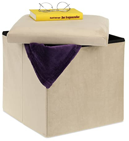Relaxdays Sitzhocker, Sitzwürfel mit Stauraum, HBT: 38 x 38 x 38 cm, Creme | faltbar, Aufbewahrungshocker aus MDF & Samt