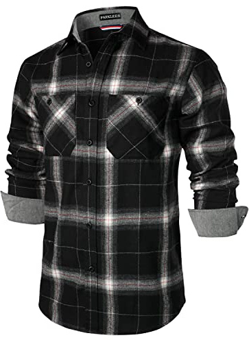 PARKLEES Men's Classic Stylish Regular Fit Casual Long Sleeve Button Up Plaid Fleece Shirts with Pocket Black L