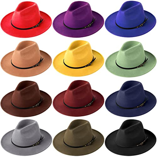 12 Pcs Felt Panama Hats with Belt Buckle - Adjustable Vintage Wool Brim Hats for Women (Classic Colors)