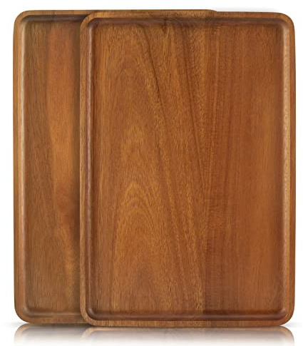 2 PCS 13 x 9 in Solid Acacia Wood Serving Trays Rectangular Wooden Serving Platters Natural Wooden Boards for Bar Coffee Party