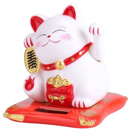 Jadeshay Winkekatze Solar, Glückskatze, Solarbetrieben Maneki Neko, Winkende Katze Mit Winkendem Arm, Glücksbringer, Auto-Dekoration(Weiß)