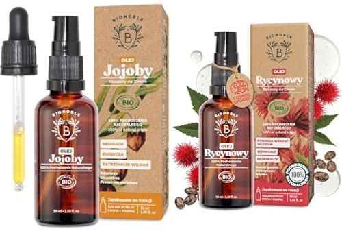Bionoble Rizinusöl Bio 50ml & Jojobaöl Bio 50ml - 100% Rein, Natürlich und Kaltgepresst - Gesicht, Körper, Haare, Bart, Nägel - Vegan und Cruelty Free - Jojoba Oil - Glasflasche + Pipette + Pumpe