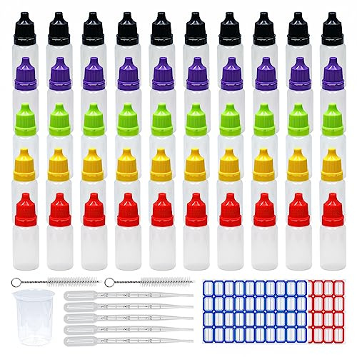 Reyshin 50 Stück Tropfflaschen, Dosierflasche, 10 ml Tropferspender, leere Plastikflaschen mit Pipette, Fünf Farben, tragbar und nachfüllbar, für E-Flüssigkeit, Öle, Farbstoffe, Probe
