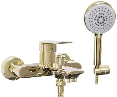 Rea Badewannenarmatur MAYSON GOLD Wasserhahn Badewanne Einhebel Wannenarmatur mit Handbrause Badarmatur aus Messing Mischbatterie Wandmontage (Gold)