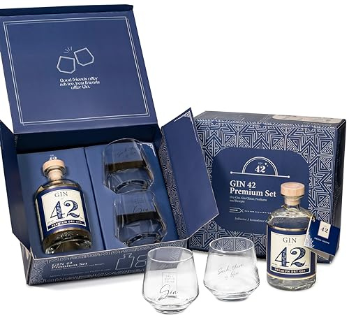 Gin 42 Geschenkset - Premium 2-in-1 Set - 2 x Gläser und 500 ml Dry Gin - Mit Sprüchen - Für XXL-Eiswürfel - Geschenkbox für Männer und Frauen