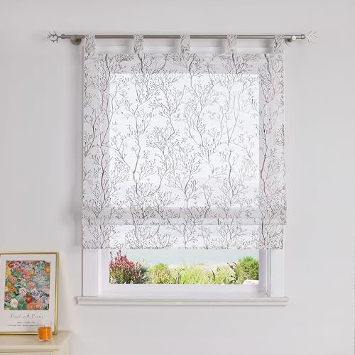 SCHOAL Raffrollo mit Schlaufen Gardine Transparent Vorhang mit Zweig Muster Raffgardinen Modern Schlaufenrollo 1 Stück BxH 60x140cm Braun
