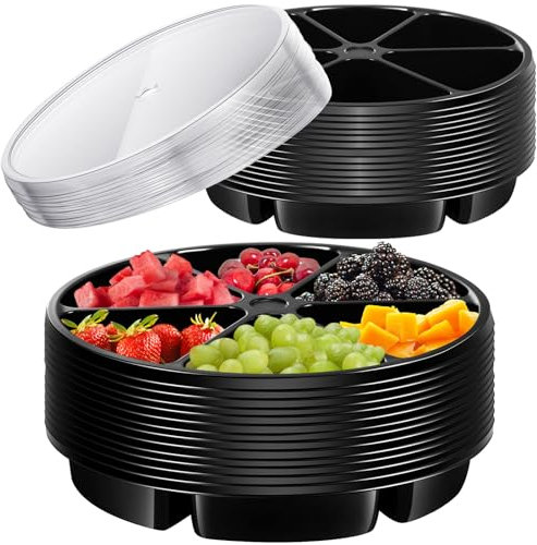 Seewey 20c Pcs Round Plastic Veggie Serving Tray for Mexican Festival 11.8 Inch 6 Sectional Taco Serving Platter with Lid Food Round Platter Container Fruit Organizer for Party Buffet (Black)