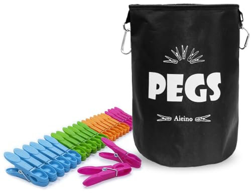Aieino Wäscheklammertasche mit 24 Wäscheklammern - Große Wäscheklammer Beutel mit Haken Klammerbeutel Aufbewahrungstasche Wasserdicht für Innen Draußen, Platz bis zu 200 Klammern, Schwarz