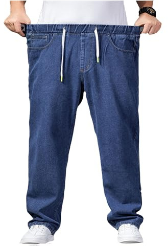Överdimensionerade jeansbyxor – herr säckig jeans stretchiga lösa passform jeans byxor män hög midja stretch raka jeans byxor stonewashed denim långa jeansbyxor fritidsbyxor cargobyxor, blå, 8XL
