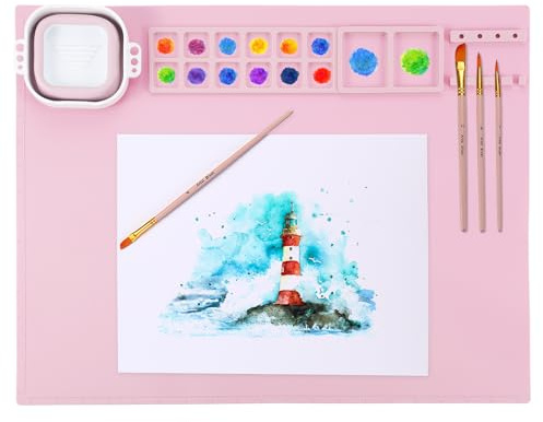 PATIKIL 20 x 16 Silikon Bastelunterlage Antihaft Silikon Malmatte Für Resin Zeichnen DIY Knete Mit Pinselhalter Und Magnetischem Abnehmbarem Reinigungsbecher Pink