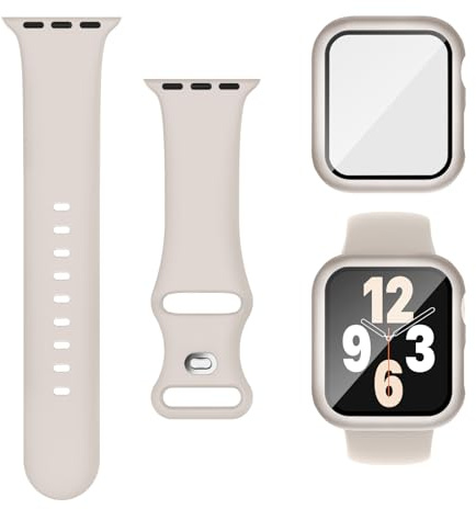 Joehwerr 3-in-1 Compatible for Apple Watch Straps 44mm with Case & Screen Protector, Silicone Sport Strap and Protective Cover with 9H Tempered Glass for iWatch Series 6/5/4/SE3, Starlight