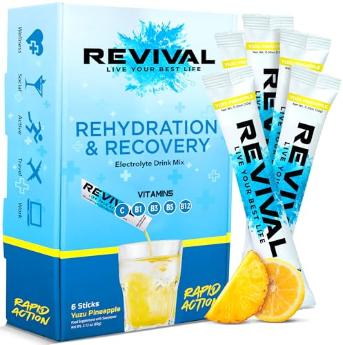 Revival Rapid Rehydration Electrolytes Powder | High Strength Sachet Drink | Plant Based Hydration Electrolytes Sachets with Vitamins B1, B3, B5 & B12 | Yuzu Pineapple, 6 Pack