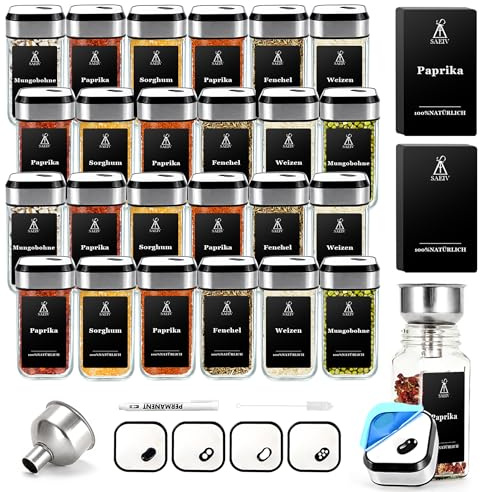 SIAZIH 24 Gewürzstreuer Eckig, Gewürzgläser mit drehbarem Gewürzlochdeckel, einzigartige große Trichter, zarte wasserfeste Gewürzetiketten mit deutschem, einfache Kitchen storage & organisation