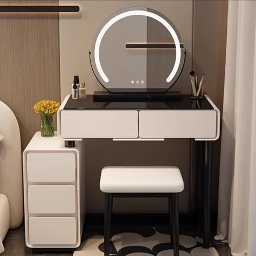 Toilette Trucco con Sgabello,Specchio Trucco con Luci,Postazione Trucco con 1 Cassetti,Piano in Vetro Trasparente,con Illuminazione a 3 Colori Luminosità Regolabile,Tavolo da Toeletta per Camera da Le