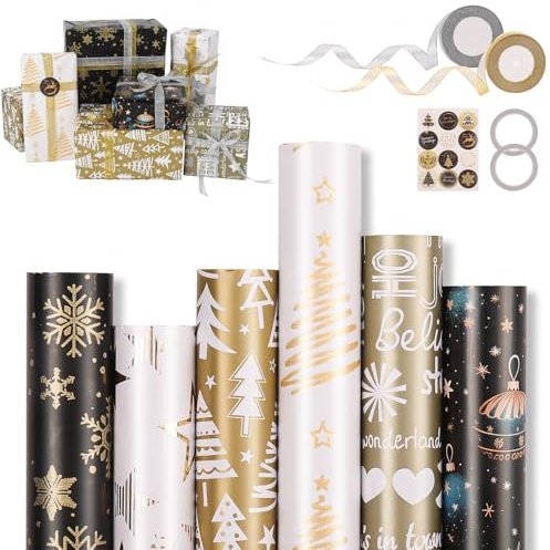 Ambesty 6 Rouleau de Papier d'emballage de Noël, 43 x 300cm Rouleau de Papier d'emballage Cadeau, Rouleaude papier cadeau pour Noël avec 2 Rubans, pour Emballer les Cadeaux