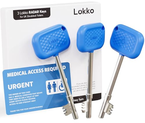 Lokko Radar Key for Disabled Toilets UK (3 Pack) - Boxed with Bonus Toilet Use Card - Blue - Dimpled Grip, Durable, Waterproof, Easy to Use