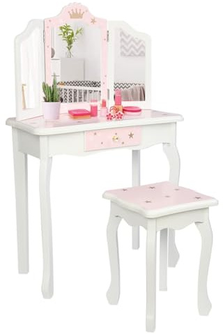 LALAHO Schminktisch Kinder mit Hocker Frisiertisch Kinderschminktisch für Mädchen Frisierkommode mit Schublade mit Zwei 180°-Klappspiegeln für 3-9 Jahren (Weiß & Rosa)